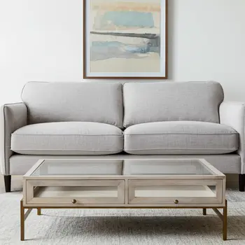 44" Off White Clear And Gold Solid Wood Glass And Iron Storage Coffee Table