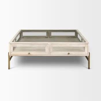 44" Off White Clear And Gold Solid Wood Glass And Iron Storage Coffee Table