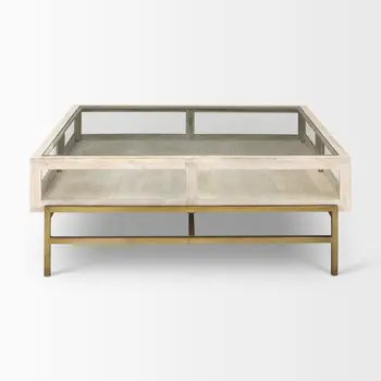 44" Off White Clear And Gold Solid Wood Glass And Iron Storage Coffee Table