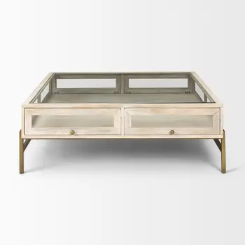 44" Off White Clear And Gold Solid Wood Glass And Iron Storage Coffee Table