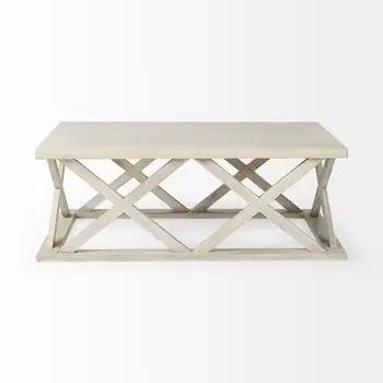 48" Off White Solid Wood Distressed Geo Frame Coffee Table
