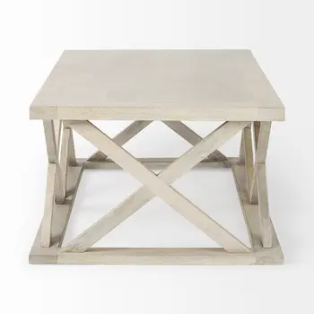 48" Off White Solid Wood Distressed Geo Frame Coffee Table