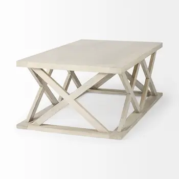 48" Off White Solid Wood Distressed Geo Frame Coffee Table