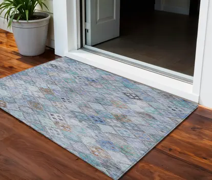 3' X 5' Blue Purple And Gray Geometric Washable Indoor Outdoor Area Rug