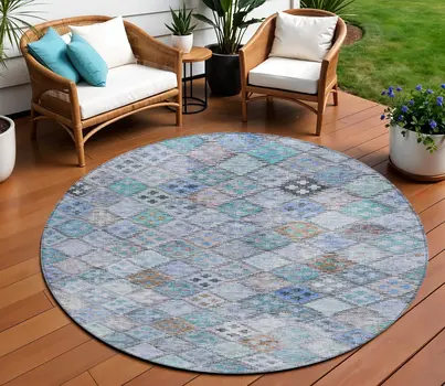 8' Blue Purple And Gray Round Geometric Washable Indoor Outdoor Area Rug