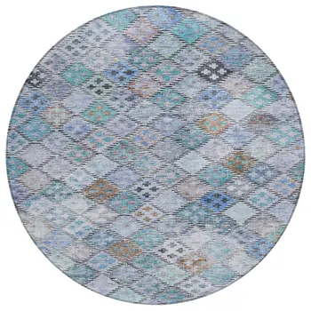 8' Blue Purple And Gray Round Geometric Washable Indoor Outdoor Area Rug