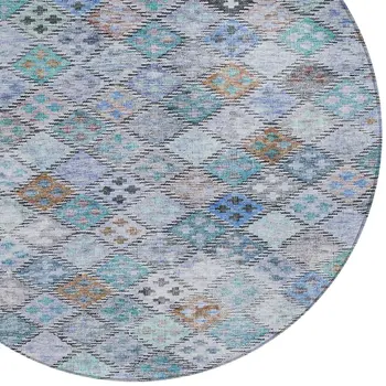 8' Blue Purple And Gray Round Geometric Washable Indoor Outdoor Area Rug