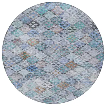 8' Blue Purple And Gray Round Geometric Washable Indoor Outdoor Area Rug