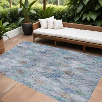 9' X 12' Blue Purple And Gray Geometric Washable Indoor Outdoor Area Rug