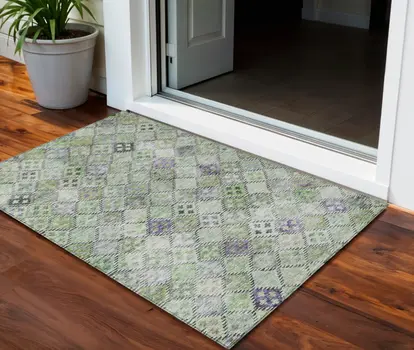 3' X 5' Green And Purple Geometric Washable Indoor Outdoor Area Rug