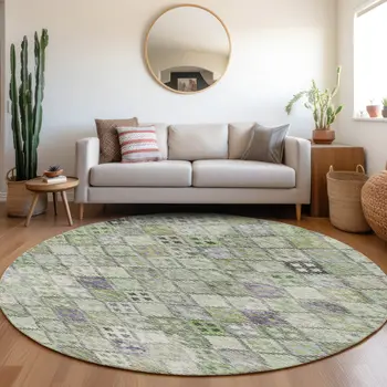 8' Green And Purple Round Geometric Washable Indoor Outdoor Area Rug