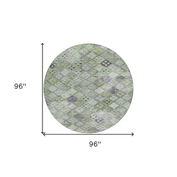 8' Green And Purple Round Geometric Washable Indoor Outdoor Area Rug