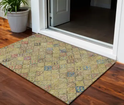 3' X 5' Gold Pink And Blue Geometric Washable Indoor Outdoor Area Rug