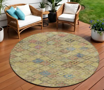 8' Gold Pink And Blue Round Geometric Washable Indoor Outdoor Area Rug