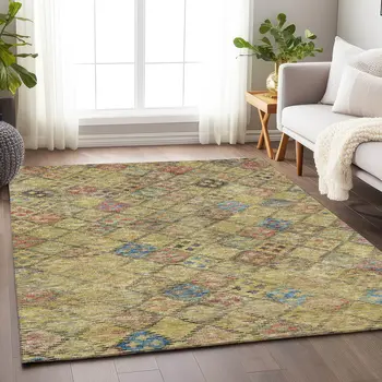 8' X 10' Gold Pink And Blue Geometric Washable Indoor Outdoor Area Rug