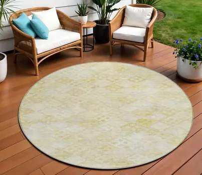 8' Linen And Gold Round Geometric Washable Indoor Outdoor Area Rug