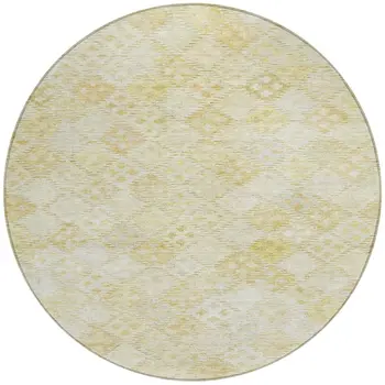 8' Linen And Gold Round Geometric Washable Indoor Outdoor Area Rug