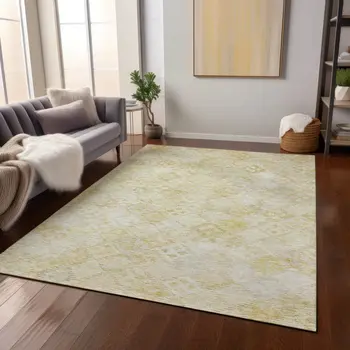 8' X 10' Linen And Gold Geometric Washable Indoor Outdoor Area Rug