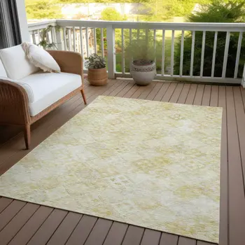 10' X 14' Linen And Gold Geometric Washable Indoor Outdoor Area Rug