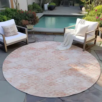 8' Pink And Blush Round Geometric Washable Indoor Outdoor Area Rug