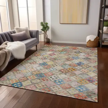 3' X 5' Terra Cotta Beige And Teal Blue Geometric Washable Indoor Outdoor Area Rug