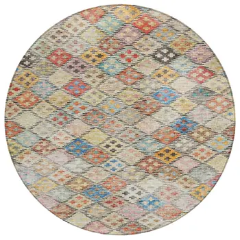 8' Terra Cotta Beige And Teal Blue Round Geometric Washable Indoor Outdoor Area Rug