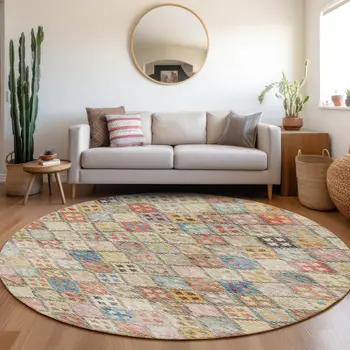 8' Terra Cotta Beige And Teal Blue Round Geometric Washable Indoor Outdoor Area Rug