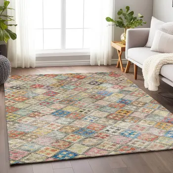 8' X 10' Terra Cotta Beige And Teal Blue Geometric Washable Indoor Outdoor Area Rug