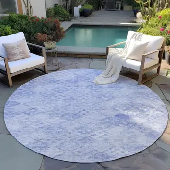 8' Sky Blue And Ivory Round Geometric Washable Indoor Outdoor Area Rug