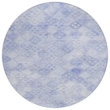 8' Sky Blue And Ivory Round Geometric Washable Indoor Outdoor Area Rug