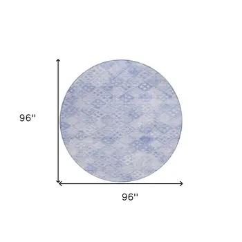 8' Sky Blue And Ivory Round Geometric Washable Indoor Outdoor Area Rug