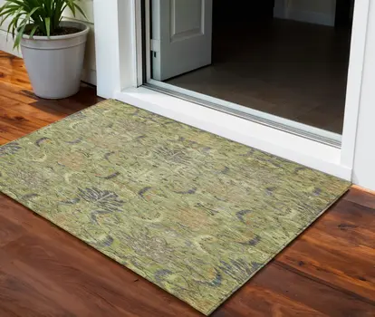 3' X 5' Artichoke Green Gray And Tan Damask Washable Indoor Outdoor Area Rug