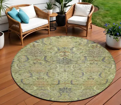 8' Artichoke Green Gray And Tan Round Damask Washable Indoor Outdoor Area Rug