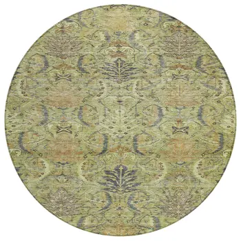 8' Artichoke Green Gray And Tan Round Damask Washable Indoor Outdoor Area Rug