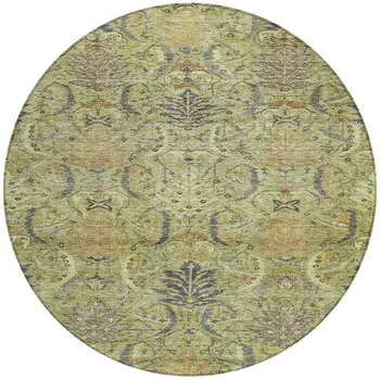 8' Artichoke Green Gray And Tan Round Damask Washable Indoor Outdoor Area Rug