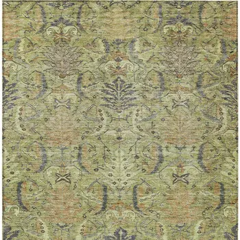 8' X 10' Artichoke Green Gray And Tan Damask Washable Indoor Outdoor Area Rug