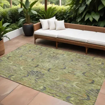 8' X 10' Artichoke Green Gray And Tan Damask Washable Indoor Outdoor Area Rug