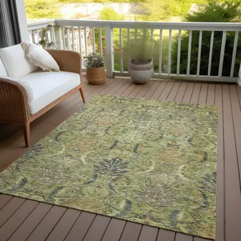 8' X 10' Artichoke Green Gray And Tan Damask Washable Indoor Outdoor Area Rug