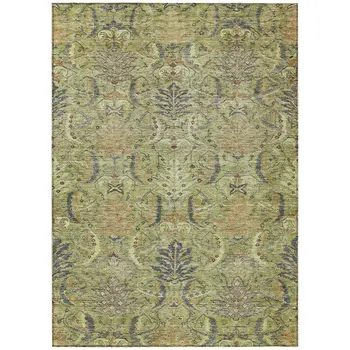 8' X 10' Artichoke Green Gray And Tan Damask Washable Indoor Outdoor Area Rug