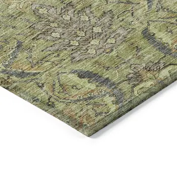 8' X 10' Artichoke Green Gray And Tan Damask Washable Indoor Outdoor Area Rug