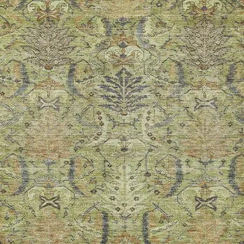8' X 10' Artichoke Green Gray And Tan Damask Washable Indoor Outdoor Area Rug