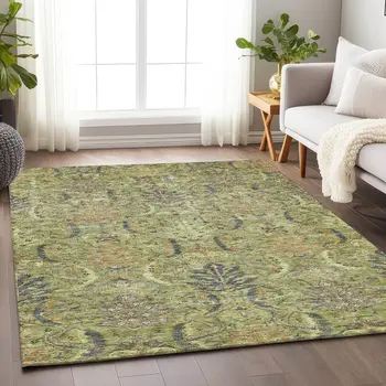 8' X 10' Artichoke Green Gray And Tan Damask Washable Indoor Outdoor Area Rug