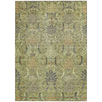 10' X 14' Artichoke Green Gray And Tan Damask Washable Indoor Outdoor Area Rug