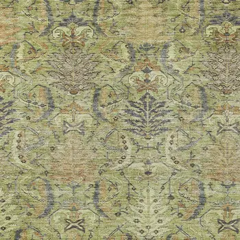 10' X 14' Artichoke Green Gray And Tan Damask Washable Indoor Outdoor Area Rug