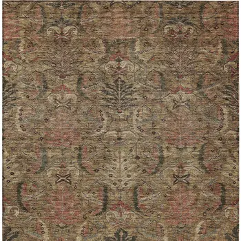 3' X 5' Brown Charcoal And Brick Red Damask Washable Indoor Outdoor Area Rug