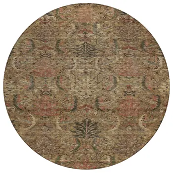 8' Brown Charcoal And Brick Red Round Damask Washable Indoor Outdoor Area Rug