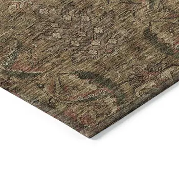 8' Brown Charcoal And Brick Red Round Damask Washable Indoor Outdoor Area Rug