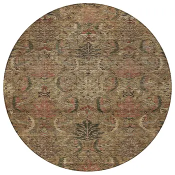 8' Brown Charcoal And Brick Red Round Damask Washable Indoor Outdoor Area Rug