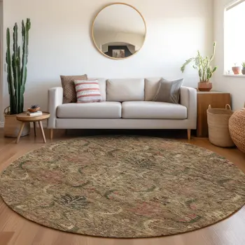 8' Brown Charcoal And Brick Red Round Damask Washable Indoor Outdoor Area Rug