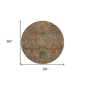 8' Brown Charcoal And Brick Red Round Damask Washable Indoor Outdoor Area Rug